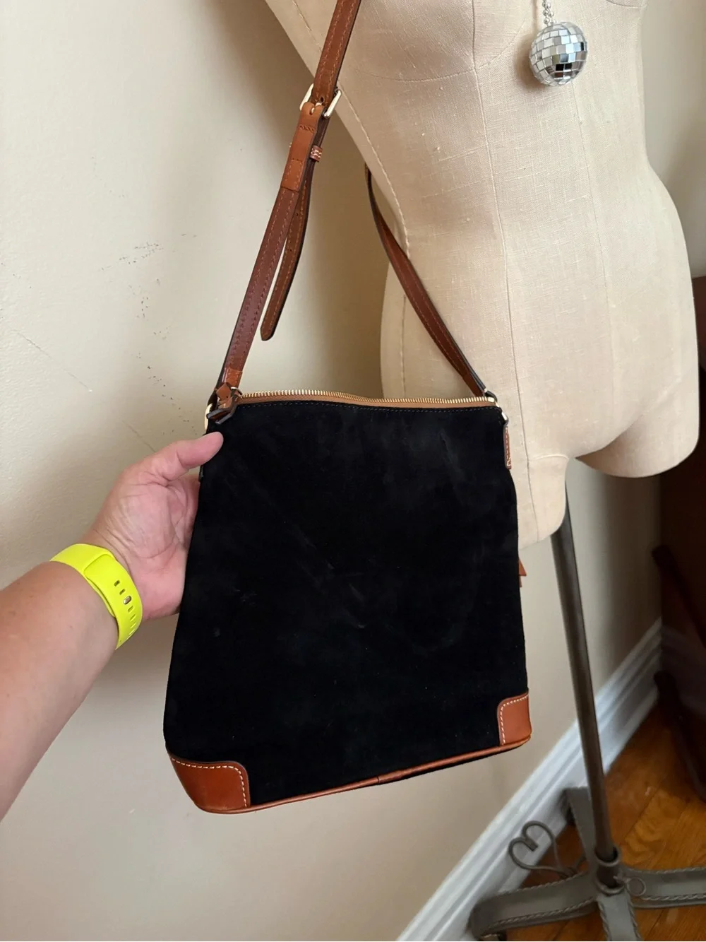 Dooney & Bourke Black Suede Messenger with Brown Leather Trim